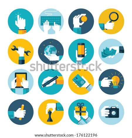 Modern flat icons vector collection of hand using devices, using money, repairs, write, give a gift, play chess, touching touchscreen, in business situations, in design, marketing process.