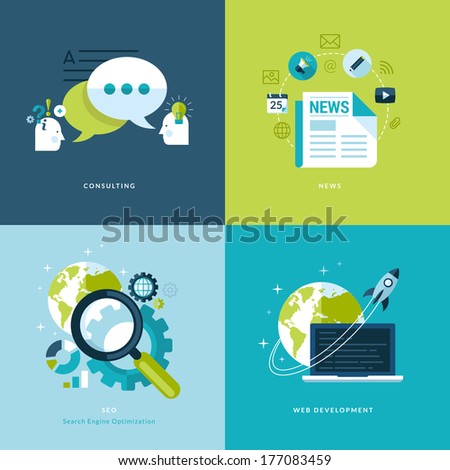 Set of flat design concept icons for web and mobile services and apps. Icons for consulting, news, seo, web development.