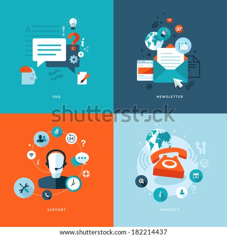 Set of flat design concept icons for web and mobile phone services and apps. Icons for faq, newsletter, support, contact.