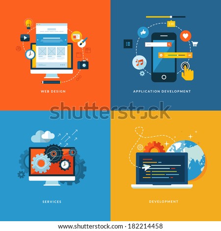 Set of flat design concept icons for web and mobile phone services and apps. Icons for web design, application development, services and programming.    