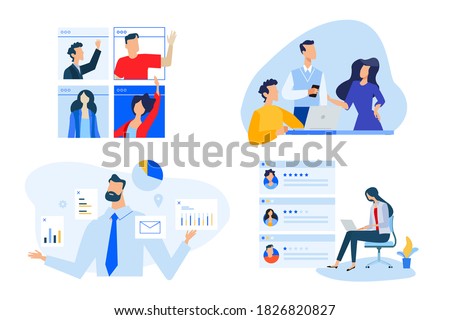 Set of people concept illustrations. Vector illustrations of video meeting, data analytics, star rating, team management.