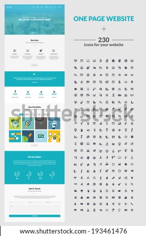 One page website design template. All in one set for website design that includes one page website templates, set of 230 business icons for web design, and flat design concept illustrations.