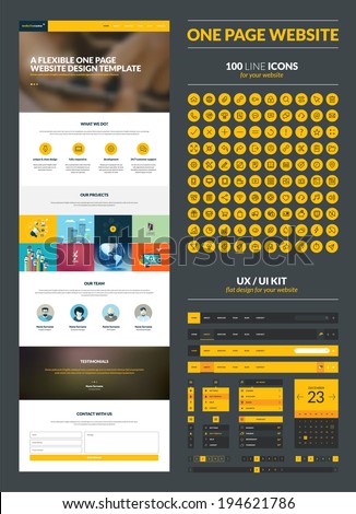 One page website design template. All in one set for website design that includes one page website templates, set of 100 line icons, ux/ui kit for website design, and flat design illustrations.    