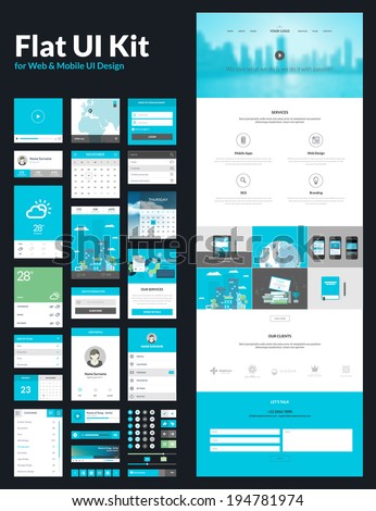 One page website design template. All in one set for website design that includes one page website templates, flat UI kit for web and mobile UI design, and flat design concept illustrations.    