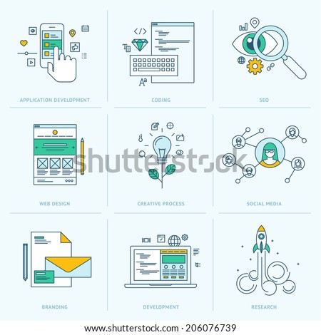 Set of flat line icons for web development. Icons for application development, web page coding and programming, seo, web design, creative process, social media, branding, marketing