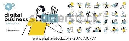 Digital business concept illustrations. Set of illustrations of men and women in various activities of online business, communication, marketing. Modern vector style for graphic and web design.