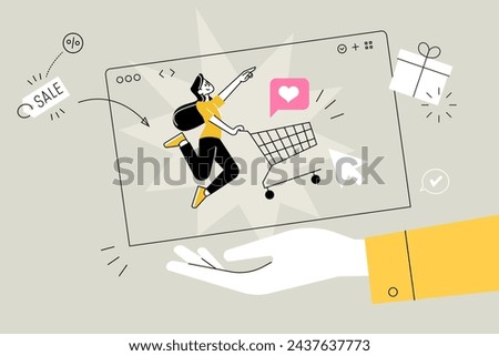 Business concept illustration. Vector illustration of e-commerce, online shopping, sale. Creative concept for web banner, social media banner, business presentation, marketing material. 