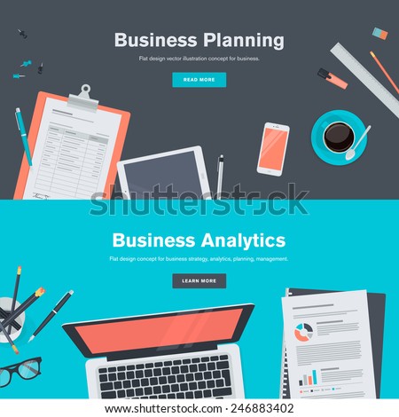 Set of flat design illustration concepts for business planning and analytics. Concepts for web banners and promotional materials.