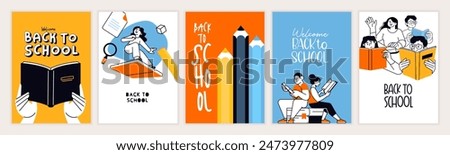 Set of back to school illustrations. Vector concepts for education, learning, reading book, school, bookstore. International education day, world book day, teachers day.