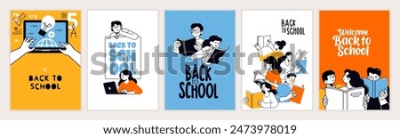 Back to school. Vector illustration posters for education, learning, reading book, school, bookstore. International education day, world book day, teachers day.