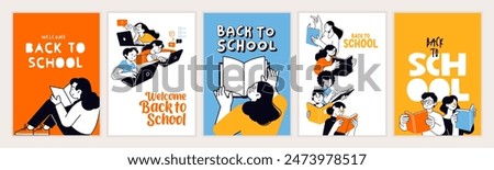 Set of back to school illustrations. Vector concepts for education, learning, reading book, school, bookstore. International education day, world book day, teachers day.