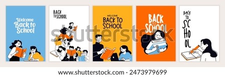 Back to school. Vector illustration posters for education, learning, reading book, school, bookstore. International education day, world book day, teachers day.