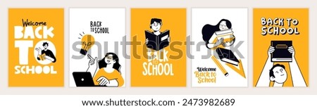 Set of back to school illustrations. Vector concepts for education, learning, reading book, school, bookstore. International education day, world book day, teachers day.