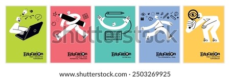 Education illustrations. Set of vector posters and banners of education, learning, back to school, reading book, online course and training, distance education and online learning.