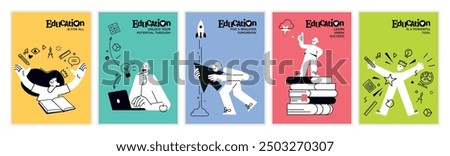 Education illustrations. Set of vector posters and banners of education, learning, back to school, reading book, online course and training, distance education and online learning.