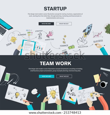 Set of flat design illustration concepts for business, finance, consulting, management, team work, analysis, strategy and planning, startup. Concepts for web banner and printed materials.