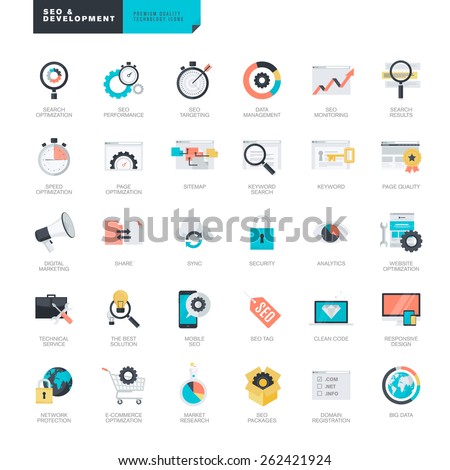 Set of modern flat design SEO and website development icons for graphic and web designers    