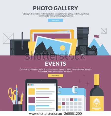Set of flat design style concepts for photo gallery, portfolio, stock sites, e-commerce, events, news. Concepts for website banners and printed materials, for designers, photographs, artists.    