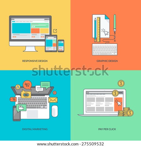 Set of color line icons on the theme of web and graphic design, internet marketing