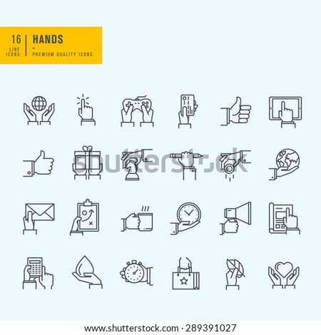 Thin line icons set. Icons of hand using devices, using money, in business situations, in design, ecology, marketing process.