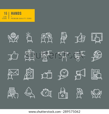 Set of thin line web icons of hand using a variety of products