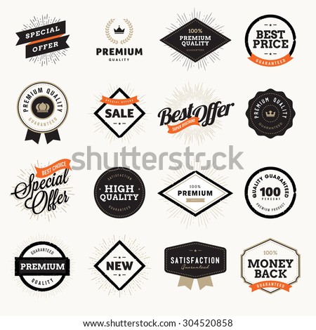 Set of vintage style premium quality badges and labels for designers. Vector illustrations for e-commerce, product promotion, advertising, sell products, discounts, sale, the mark of quality.