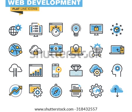 Trendy flat line icon pack for designers and developers. Icons for website and app development, programming, seo, website maintenance, online security, responsive design, cloud computing.