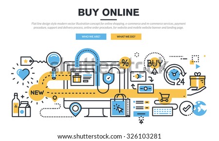 Flat line design concept for online shopping, e-commerce and m-commerce services, payment procedure, support and delivery process, online order procedure, for website banner and landing page.