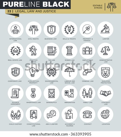 Thin line icons set of legal, law and justice. Icons for website and mobile website and apps with editable stroke. 