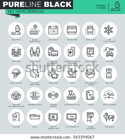 Thin line icons set of hotel services and facilities, online booking, travel information. Icons for website and mobile website and apps with editable stroke. 