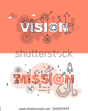 Set of modern vector illustration concepts of words vision and mission. Thin line flat design banners for website and mobile website, easy to use and highly customizable.