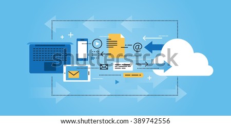 Flat line design website banner of cloud computing, data storage. Modern vector illustration for web design, marketing and print material.