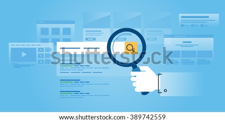 Flat line design website banner of web search, SEO, ranking sites, rating. Modern vector illustration for web design, marketing and print material.