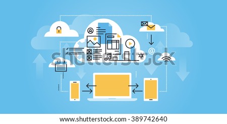 Flat line design website banner of cloud computing. Modern vector illustration for web design, marketing and print material.