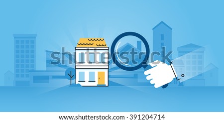 Flat line design website banner of real estate, purchase and sale of apartments and houses, search for the right property, real estate agency. Concept for web design, marketing and print material.