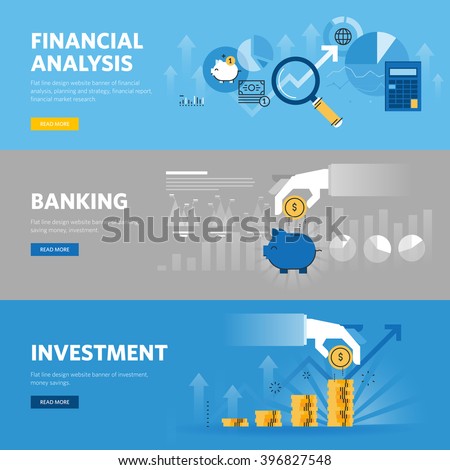 Set of flat line design web banners for banking and finance, investment, market research, financial analysis, savings. Vector illustration concepts for web design, marketing, and graphic design.