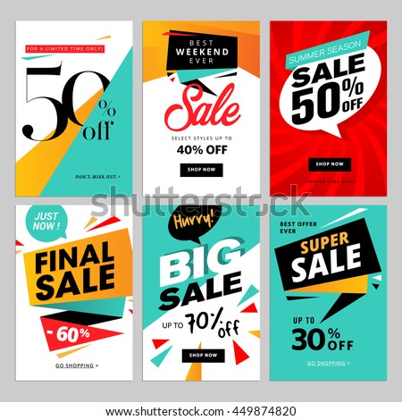 Flat design eye catching sale website banners for mobile phone. Vector illustrations for social media banners, posters, email and newsletter designs, ads, promotional material.