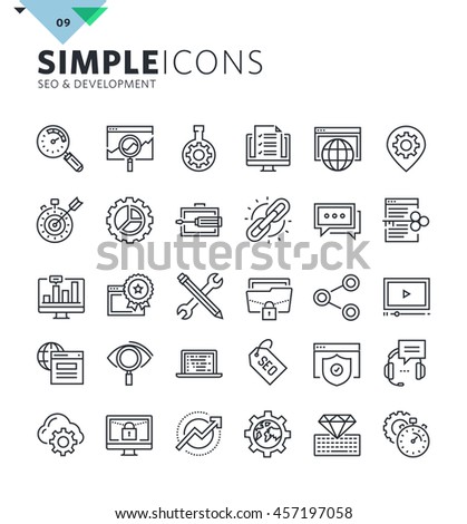 Modern thin line icons of SEO and web development. Premium quality outline symbol collection for web and graphic design, mobile app. Mono linear pictograms, infographics and web elements pack.