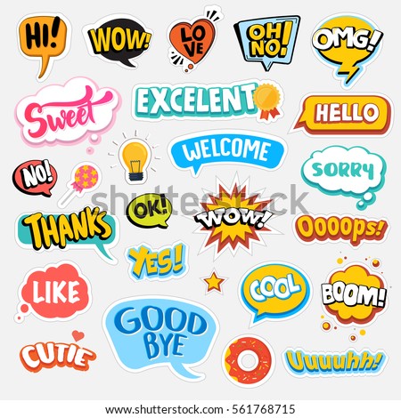 Set of flat design social network stickers. Isolated vector illustrations for online communication, networking, social media, web design, mobile message, chat,  marketing material.