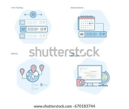 Set of concept line icons for time manager, news and events, meetup, task management, time tracking. UI/UX kit for web design, applications, mobile interface, infographics and print design. 