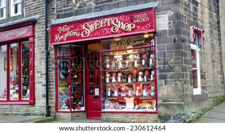 NOVEMBER 13th 2014. HAWARTH, VILLAGE, WEST YORKSHIRE UK, a traditional  vintage sweet shop in the historic Hawarth village made famous by the English writers the Bronte sisters .