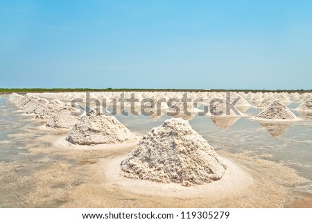 Salt fields with piled up sea salt of Thailand