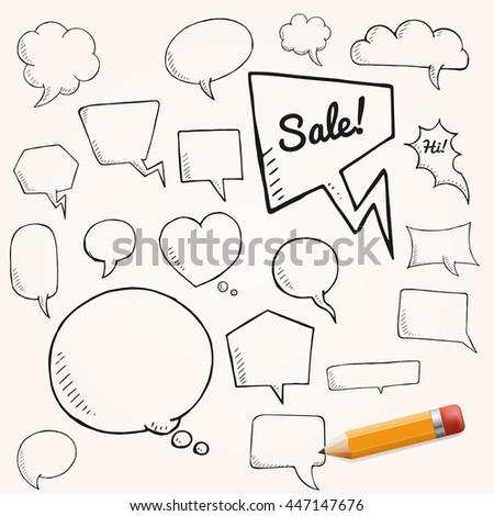 Vector set of talk and think bubbles with yellow pencil, group of oodle speech bubles on white background