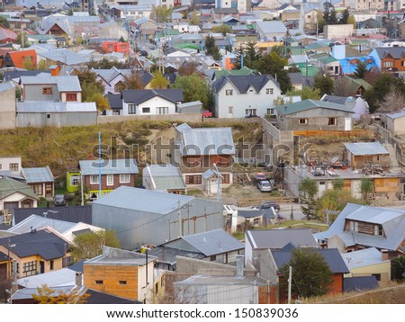 Aerial view of gabled roofs in Ushuaia town, Argentina
