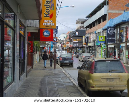 USHUAIA, ARGENTINA Ã¢Â?Â? APRIL 21: Stores in the main street of the world\'s southernmost city on April 21, 2013 in Ushuaia, Argentina.