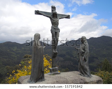 BOGOTA, COLOMBIA - SEPTEMBER 28: Statue of Christ in the cross, in the church of the mountain of Monserrate on September 28, 2013 in Bogota, Colombia.