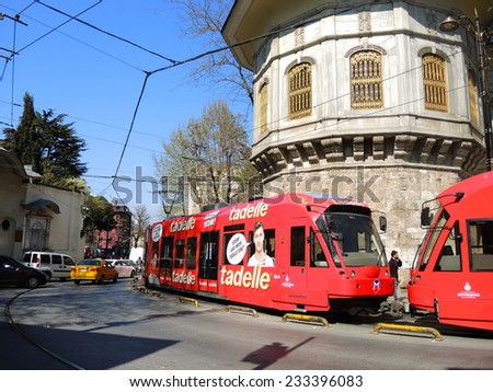 ISTANBUL - APRIL 9: Modern tram in the historical city, on April 9, 2014 in Istanbul, Turkey.