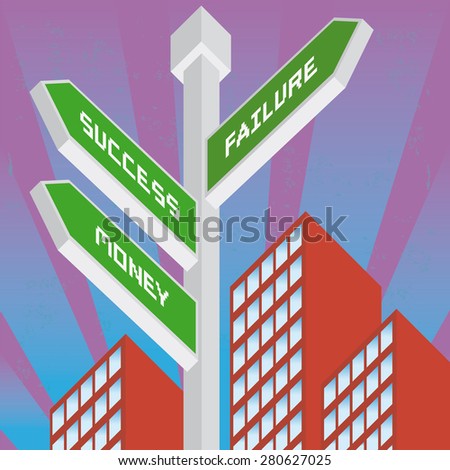 Illustration of a city street road sign to success and failure, in isometric old video game style. The grunge texture is removable from the background.