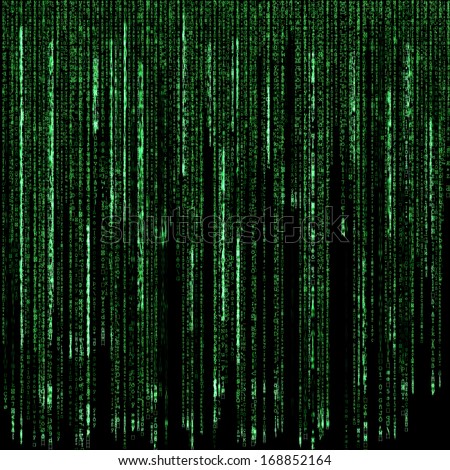 Digital green numbers and letters as code rain on a black background