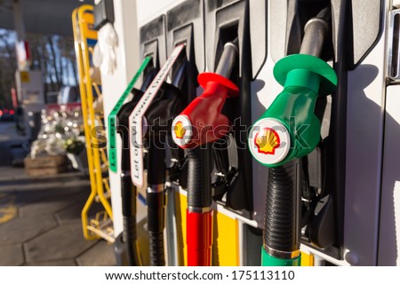 ZWOLLE, THE NETHERLANDS - FEBRUARY 3, 2014: Filling nozzles at a Shell gas station.